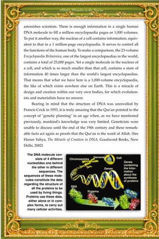 Allah's Miracles in the Qur'an



astonishes scientists. There is enough information in a single human
DNA molecule to fill a million encyclopaedia pages or 1,000 volumes.
To put it another way, the nucleus of a cell contains information, equiv-
alent to that in a 1 million-page encyclopaedia. It serves to control all
the functions of the human body. To make a comparison, the 23-volume
Encyclopaedia Britannica, one of the largest encyclopaedias in the world,
contains a total of 25,000 pages. Yet a single molecule in the nucleus of
a cell, and which is so much smaller than that cell, contains a store of
information 40 times larger than the world's largest encyclopaedias.
That means that what we have here is a 1,000-volume encyclopaedia,
the like of which exists nowhere else on Earth. This is a miracle of
design and creation within our very own bodies, for which evolution-
ists and materialists have no answer.
     Bearing in mind that the structure of DNA was unravelled by
Francis Crick in 1953, it is truly amazing that the Qur'an pointed to the
concept of "genetic planning" in an age when, as we have mentioned
previously, mankind's knowledge was very limited. Geneticists were
unable to discuss until the end of the 19th century and these remark-
able facts act again as proofs that the Qur'an is the word of Allah. (See
Harun Yahya, The Miracle of Creation in DNA, Goodword Books, New
Delhi, 2002)

  The DNA molecule con-
                                                  Genome           Cell
         sists of 4 different    Chromosomes
   nucleotides one behind                                                 Genes
                                                                          containing
       the other in different                              Genes          the infor-
            sequences. The                                                mation
sequences of these mole-                                                  about the
                                                                          synthesis
 cules constitute the data                                                of proteins
regarding the structure of
                                  DNA
      all the proteins to be
     used by living things.                   Proteins
  Proteins use these data,
    either alone or in com-
   plex forms, to carry out
  many cellular activities.




                                        170
 