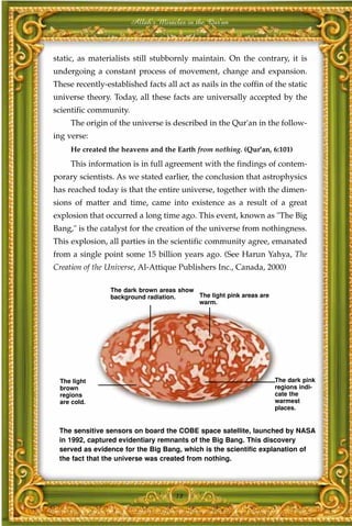 Allah's Miracles in the Qur'an



static, as materialists still stubbornly maintain. On the contrary, it is
undergoing a constant process of movement, change and expansion.
These recently-established facts all act as nails in the coffin of the static
universe theory. Today, all these facts are universally accepted by the
scientific community.
     The origin of the universe is described in the Qur'an in the follow-
ing verse:
     He created the heavens and the Earth from nothing. (Qur'an, 6:101)
     This information is in full agreement with the findings of contem-
porary scientists. As we stated earlier, the conclusion that astrophysics
has reached today is that the entire universe, together with the dimen-
sions of matter and time, came into existence as a result of a great
explosion that occurred a long time ago. This event, known as "The Big
Bang," is the catalyst for the creation of the universe from nothingness.
This explosion, all parties in the scientific community agree, emanated
from a single point some 15 billion years ago. (See Harun Yahya, The
Creation of the Universe, Al-Attique Publishers Inc., Canada, 2000)

                 The dark brown areas show
                 background radiation.     The light pink areas are
                                           warm.




  The light                                                           The dark pink
  brown                                                               regions indi-
  regions                                                             cate the
  are cold.                                                           warmest
                                                                      places.


 The sensitive sensors on board the COBE space satellite, launched by NASA
 in 1992, captured evidentiary remnants of the Big Bang. This discovery
 served as evidence for the Big Bang, which is the scientific explanation of
 the fact that the universe was created from nothing.




                                     18
 