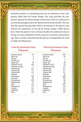 Harun Yahya



restricted ourselves to mentioning here are an indication of the com-
passion Allah feels for human beings. Our Lord provides the sub-
stances required by human beings in this fruit, which is so pleasant to
eat, already packaged and at the ideal levels for human health. The way
that this special blessing from Allah is mentioned in the Qur'an may
indicate the importance of the fig for human beings. (Allah knows
best.) From the point of view of human health, the nutritional value of
the fig was only established with the advance of medicine and technol-
ogy. This is another indication that the Qur'an is indisputably the word
of Allah, the Omniscient.


Fresh Fig Nutritional Value               Dried Fig Nutritional Value
         (100 grams)                                (100 grams)

Calories (kcal)           74              Calories (kcal)         249
Fibre (g)                   3             Fibre (g)                 10
Fat (g)                     0             Fat (g)                    1
Protein (g)                 1             Protein (g)                3
Sugar (g)                 16              Sugar (g)                 48
Vitamin A (IU)           142              Vitamin A (IU)            10
Vitamin C (mg)              2             Vitamin C (mg)           1.2
Vitamin B1               0.1              Vitamin B1               0.1
Vitamin B2               0.1              Vitamin B2               0.1
Vitamin B6               0.1              Vitamin B6               0.1
Sodium                      1             Sodium                    10
Potassium                232              Potassium               680
Calcium                   35              Calcium                 162
Phosphorus               232              Phosphorus                67
Magnesium                 17              Magnesium                 68
Iron                      0.4             Iron                    3.07
Manganese                 0.1             Manganese                0.8
Copper                    0.1             Copper                   0.3
Selenium                  0.2             Selenium                 0.6
Zinc                      0.2             Zinc                     0.5




                                    199
 