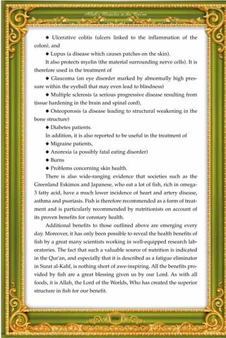 Allah's Miracles in the Qur'an



     ◆ Ulcerative colitis (ulcers linked to the inflammation of the
colon), and
     ◆ Lupus (a disease which causes patches on the skin).
     It also protects myelin (the material surrounding nerve cells). It is
therefore used in the treatment of
     ◆ Glaucoma (an eye disorder marked by abnormally high pres-
sure within the eyeball that may even lead to blindness)
     ◆ Multiple sclerosis (a serious progressive disease resulting from
tissue hardening in the brain and spinal cord),
     ◆ Osteoporosis (a disease leading to structural weakening in the
bone structure)
     ◆ Diabetes patients.
     In addition, it is also reported to be useful in the treatment of
     ◆ Migraine patients,
     ◆ Anorexia (a possibly fatal eating disorder)
     ◆ Burns
     ◆ Problems concerning skin health.
     There is also wide-ranging evidence that societies such as the
Greenland Eskimos and Japanese, who eat a lot of fish, rich in omega-
3 fatty acid, have a much lower incidence of heart and artery disease,
asthma and psoriasis. Fish is therefore recommended as a form of treat-
ment and is particularly recommended by nutritionists on account of
its proven benefits for coronary health.
     Additional benefits to those outlined above are emerging every
day. Moreover, it has only been possible to reveal the health benefits of
fish by a great many scientists working in well-equipped research lab-
oratories. The fact that such a valuable source of nutrition is indicated
in the Qur'an, and especially that it is described as a fatigue eliminator
in Surat al-Kahf, is nothing short of awe-inspiring. All the benefits pro-
vided by fish are a great blessing given us by our Lord. As with all
foods, it is Allah, the Lord of the Worlds, Who has created the superior
structure in fish for our benefit.




                                     206
 