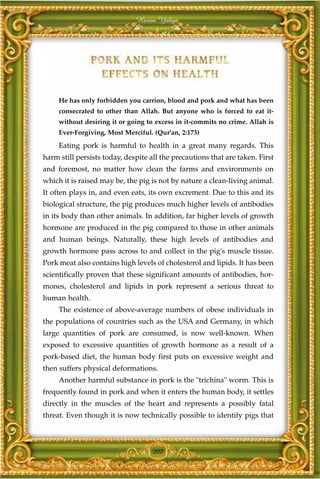 Harun Yahya




     He has only forbidden you carrion, blood and pork and what has been
     consecrated to other than Allah. But anyone who is forced to eat it-
     without desiring it or going to excess in it-commits no crime. Allah is
     Ever-Forgiving, Most Merciful. (Qur'an, 2:173)
     Eating pork is harmful to health in a great many regards. This
harm still persists today, despite all the precautions that are taken. First
and foremost, no matter how clean the farms and environments on
which it is raised may be, the pig is not by nature a clean-living animal.
It often plays in, and even eats, its own excrement. Due to this and its
biological structure, the pig produces much higher levels of antibodies
in its body than other animals. In addition, far higher levels of growth
hormone are produced in the pig compared to those in other animals
and human beings. Naturally, these high levels of antibodies and
growth hormone pass across to and collect in the pig's muscle tissue.
Pork meat also contains high levels of cholesterol and lipids. It has been
scientifically proven that these significant amounts of antibodies, hor-
mones, cholesterol and lipids in pork represent a serious threat to
human health.
     The existence of above-average numbers of obese individuals in
the populations of countries such as the USA and Germany, in which
large quantities of pork are consumed, is now well-known. When
exposed to excessive quantities of growth hormone as a result of a
pork-based diet, the human body first puts on excessive weight and
then suffers physical deformations.
     Another harmful substance in pork is the "trichina" worm. This is
frequently found in pork and when it enters the human body, it settles
directly in the muscles of the heart and represents a possibly fatal
threat. Even though it is now technically possible to identify pigs that



                                    207
 