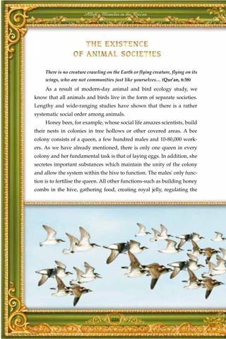Allah's Miracles in the Qur'an




     There is no creature crawling on the Earth or flying creature, flying on its
     wings, who are not communities just like yourselves… (Qur'an, 6:38)
     As a result of modern-day animal and bird ecology study, we
know that all animals and birds live in the form of separate societies.
Lengthy and wide-ranging studies have shown that there is a rather
systematic social order among animals.
     Honey bees, for example, whose social life amazes scientists, build
their nests in colonies in tree hollows or other covered areas. A bee
colony consists of a queen, a few hundred males and 10-80,000 work-
ers. As we have already mentioned, there is only one queen in every
colony and her fundamental task is that of laying eggs. In addition, she
secretes important substances which maintain the unity of the colony
and allow the system within the hive to function. The males' only func-
tion is to fertilise the queen. All other functions-such as building honey
combs in the hive, gathering food, creating royal jelly, regulating the




                                      224
 
