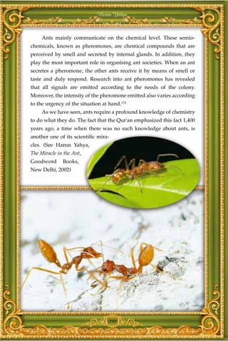 Harun Yahya



     Ants mainly communicate on the chemical level. These semio-
chemicals, known as pheromones, are chemical compounds that are
perceived by smell and secreted by internal glands. In addition, they
play the most important role in organising ant societies. When an ant
secretes a pheromone, the other ants receive it by means of smell or
taste and duly respond. Research into ant pheromones has revealed
that all signals are emitted according to the needs of the colony.
Moreover, the intensity of the pheromone emitted also varies according
to the urgency of the situation at hand.174
     As we have seen, ants require a profound knowledge of chemistry
to do what they do. The fact that the Qur'an emphasized this fact 1,400
years ago, a time when there was no such knowledge about ants, is
another one of its scientific mira-
cles. (See Harun Yahya,
The Miracle in the Ant,
Goodword      Books,
New Delhi, 2002)




                                   235
 