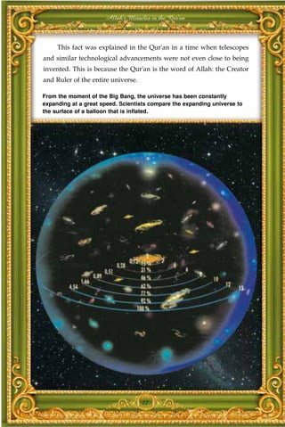 Allah's Miracles in the Qur'an



     This fact was explained in the Qur'an in a time when telescopes
and similar technological advancements were not even close to being
invented. This is because the Qur'an is the word of Allah: the Creator
and Ruler of the entire universe.

From the moment of the Big Bang, the universe has been constantly
expanding at a great speed. Scientists compare the expanding universe to
the surface of a balloon that is inflated.




                                    22
 