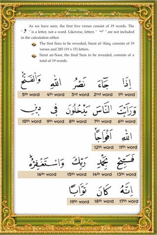 Harun Yahya



     As we have seen, the first five verses consist of 19 words. The
"    " is a letter, not a word. Likewise, letters "   " are not included
in the calculation either.
            The first Sura to be revealed, Surat al-'Alaq, consists of 19
            verses and 285 (19 x 15) letters.
            Surat an-Nasr, the final Sura to be revealed, consists of a
            total of 19 words.




5th word         4th word        3rd word 2nd word            1th word




10th word        9th word 8th word               7th word     6th word




                                                 12th word     11th word




          16th word           15th word         14th word    13th word




                                 19th word       18th word     17th word



                                    329
 