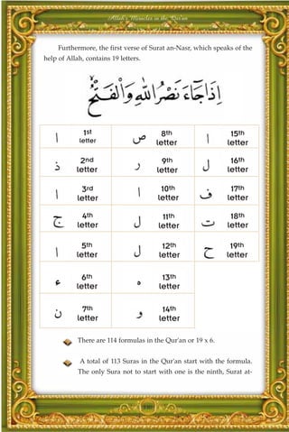 Allah's Miracles in the Qur'an



     Furthermore, the first verse of Surat an-Nasr, which speaks of the
help of Allah, contains 19 letters.




              1st                            8th               15th
            letter                          letter            letter

            2nd                               9th              16th
           letter                           letter            letter

             3rd                             10th              17th
            letter                          letter            letter

              4th                            11th              18th
            letter                          letter            letter

             5th                             12th              19th
           letter                           letter            letter

             6th                             13th
           letter                           letter

              7th                            14th
            letter                          letter

            There are 114 formulas in the Qur'an or 19 x 6.


             A total of 113 Suras in the Qur'an start with the formula.
            The only Sura not to start with one is the ninth, Surat at-




                                      330
 
