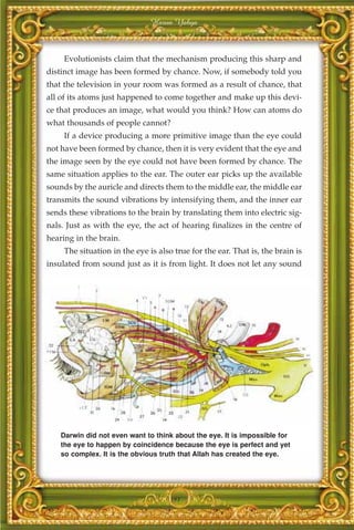 Harun Yahya



     Evolutionists claim that the mechanism producing this sharp and
distinct image has been formed by chance. Now, if somebody told you
that the television in your room was formed as a result of chance, that
all of its atoms just happened to come together and make up this devi-
ce that produces an image, what would you think? How can atoms do
what thousands of people cannot?
     If a device producing a more primitive image than the eye could
not have been formed by chance, then it is very evident that the eye and
the image seen by the eye could not have been formed by chance. The
same situation applies to the ear. The outer ear picks up the available
sounds by the auricle and directs them to the middle ear, the middle ear
transmits the sound vibrations by intensifying them, and the inner ear
sends these vibrations to the brain by translating them into electric sig-
nals. Just as with the eye, the act of hearing finalizes in the centre of
hearing in the brain.
     The situation in the eye is also true for the ear. That is, the brain is
insulated from sound just as it is from light. It does not let any sound




    Darwin did not even want to think about the eye. It is impossible for
    the eye to happen by coincidence because the eye is perfect and yet
    so complex. It is the obvious truth that Allah has created the eye.




                                    391
 