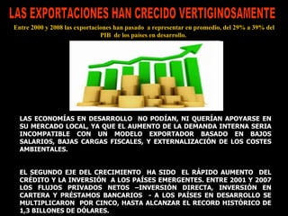 LAS ECONOMÍAS EN DESARROLLO  NO PODÍAN, NI QUERÍAN APOYARSE EN SU MERCADO LOCAL, YA QUE EL AUMENTO DE LA DEMANDA INTERNA SERIA INCOMPATIBLE CON UN MODELO EXPORTADOR BASADO EN BAJOS SALARIOS, BAJAS CARGAS FISCALES, Y EXTERNALIZACIÓN DE LOS COSTES AMBIENTALES.  EL SEGUNDO EJE DEL CRECIMIENTO  HA SIDO  EL RÁPIDO AUMENTO  DEL CRÉDITO Y LA INVERSIÓN  A LOS PAÍSES EMERGENTES. ENTRE 2001 Y 2007 LOS FLUJOS PRIVADOS NETOS –INVERSIÓN DIRECTA, INVERSIÓN EN CARTERA Y PRÉSTAMOS BANCARIOS  - A LOS PAÍSES EN DESARROLLO SE MULTIPLICARON  POR CINCO, HASTA ALCANZAR EL RECORD HISTÓRICO DE 1,3 BILLONES DE DÓLARES. LAS EXPORTACIONES HAN CRECIDO VERTIGINOSAMENTE  Entre 2000 y 2008 las exportaciones han pasado  a representar en promedio, del 29% a 39% del PIB  de los países en desarrollo.   