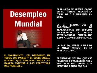 EL INCREMENTO  DEL DESEMPLEO EN TODOS LOS PAÍSES Y EL COSTE SOCIAL HUMANO QUE CONLLEVA AFECTA DE MANERA INTENSA A LOS COLECTIVOS MÁS FRÁGILES... EL NÚMERO DE DESEMPLEADOS EN EL  MUNDO  ALCANZÓ LA CIFRA DE 212 MILLONES EN 2009.  LA OIT ESTIMA QUE EL PORCENTAJE DE TRABAJADORES CON EMPLEOS VULNERABLES A ESCALA INTERNACIONAL  SUPERA LOS 1.500 MILLONES DE PERSONAS. LO QUE EQUIVALES A MÁS DE LA MITAD (50,6%) DE LA FUERZA GLOBAL . EL INFORME, SEÑALA  QUE 633 MILLONES DE TRABAJADORES Y SUS FAMILIAS VIVEN CON MENOS DE 1 EURO POR DÍA 