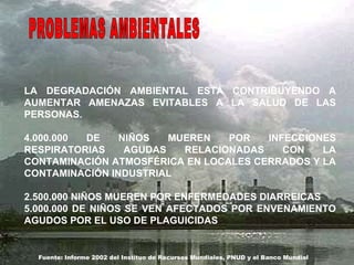 LA DEGRADACIÓN AMBIENTAL ESTÁ CONTRIBUYENDO A AUMENTAR AMENAZAS EVITABLES A LA SALUD DE LAS PERSONAS. 4.000.000 DE NIÑOS MUEREN POR INFECCIONES RESPIRATORIAS AGUDAS RELACIONADAS CON LA CONTAMINACIÓN ATMOSFÉRICA EN LOCALES CERRADOS Y LA CONTAMINACIÓN INDUSTRIAL  2.500.000 NIÑOS MUEREN POR ENFERMEDADES DIARREICAS 5.000.000 DE NIÑOS SE VEN AFECTADOS POR ENVENAMIENTO AGUDOS POR EL USO DE PLAGUICIDAS Fuente: Informe 2002 del Instituo de Recursos Mundiales, PNUD y el Banco Mundial PROBLEMAS AMBIENTALES  