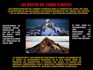 LAS CONSECUENCIAS DEL CAMBIO CLIMÁTICO SON: EL AUMENTO DEL NIVEL DEL MAR,  LA SITUACIÓN DE LOS GLACIARES, LAS MODIFICACIONES DE LOS  HIELOS  DEL  ÁRTICO Y DE LA ANTARTIDA, LAS PRECIPITACIONES Y LOS EVENTOS CLIMÁTICOS EXTREMOS LOS EFECTOS DEL CAMBIO CLIMÁTICO EL MAR  SUBE 3,1 MILIMENTROS / AÑO LA PRIMAVERA SE ADELANTA UNA MEDIA  DE 2,5 DÍAS POR DÉCADA. LA VEGETACIÓN Y LOS ANIMALES PREFIEREN EL NORTE LOS BOSQUES EN EL NORTE SE EXPANDIRAN MIENTRAS EN EL SUR VERÁN COMO SE REDUCEN LAS SUPERFICIES A FINALES DEL SIGLO. LO MISMO LOS ANIMALES (MAMIFEROS, AVES E INSECTOS) TAMBIÉN SE TRASLADARAN HACIA EL NORTE EN BUSCA DE  MEJORES CONDICIONES CLIMÁTICAS. GROENLANDIA  SE DERRITE. DESDE  PRINCIPIOS DE LOS 90, LA CAPA DE HIELO  ESTÁ PERDIENDO 100.000 MILLONES DE TONELADAS DE HIELO AÑO 