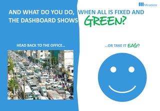 7
HEAD BACK TO THE OFFICE…
GREEN?
AND WHAT DO YOU DO,
THE DASHBOARD SHOWS
…OR TAKE IT EASY?
WHEN ALL IS FIXED AND
 