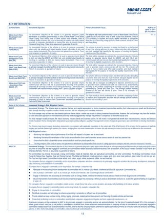 KEY INFORMATION:-
Scheme Name              Investment Objective                                                                 Primary Investment Focus                                                                   AUM as of
                                                                                                                                                                                                      April 30, 2011
                                                                                                                                                                                                     (Rs. In crores)
Mirae Asset China        The Investment Objective of the scheme is to generate long-term capital              The scheme will invest predominantly in units of Mirae Asset China Sector                      101.62
Advantage Fund           appreciation by investing predominantly in units of Mirae Asset China Sector         Leader Equity Fund and/or units of other mutual fund schemes, units of
(MACAF)                  Leader Equity Fund and/or units of other mutual fund schemes, units of               ETFs investing in equities and equity related securities of companies
                         exchange traded schemes that focus on investing in equities and equity related       domiciled in or exercising a large portion of their economic activity in China
                         securities of companies domiciled in or having their area of primary activity in     and Hong Kong.
                         China and Hong Kong. There is no assurance or guarantee of returns.
Mirae Asset Liquid       The Investment Objective of the scheme is to seek to generate reasonable             The scheme is meant for investors to deploy their funds for a short period                        1.09
Fund (MALF)              returns with low volatility and higher liquidity through a portfolio of debt and     of time. The scheme will invest in money market and other debt securities
                         money market instruments. The scheme does not guarantee any returns. There           and shall maintain high liquidity for the purpose of meeting the liquidity
                         is no assurance or guarantee of returns.                                             requirements of the investors.
Mirae Asset Cash         The Investment Objective of the scheme is to seek to generate returns linked         The fund will be managed according to the investment objective, thereby                           6.37
Management Fund          to short end rates like MIBOR and CBLO etc. and provide higher liquidity by          seeking to generate returns linked to MIBOR, call and CBLO etc.
(MACMF)                  investing in a portfolio of debt and money market instruments. There is no           commensurate with low risk and shall maintain high liquidity for the purpose
                         assurance or guarantee of returns.                                                   of meeting the liquidity requirements of the investors.
Mirae Asset Ultra        The Investment Objective of the scheme is to seek to generate returns through The fund will be managed according to the investment objective, thereby                                  2.54
Short Term Bond Fund     an actively managed diversified portfolio of debt and money market instruments. seek to generate returns commensurate with low risk. The scheme will
(MAUSTBF)                There is no assurance or guarantee of returns.                                  invest in money market and other debt securities and shall maintain
                                                                                                         high liquidity for the purpose of meeting the liquidity requirements of the
                                                                                                         investors.
Mirae Asset Short Term   The Investment Objective of the scheme is to seek to generate returns through The scheme will invest in money market and other debt securities (including                              0.13
Bond Fund (MASTBF)       an actively managed diversified portfolio of debt and money market instruments. securitized debt) and shall also try to maintain adequate liquidity for the
                         There is no assurance or guarantee of returns.                                  purpose of meeting the liquidity requirements of the investors.
Mirae Asset Gilt Fund    The Investment Objective of the scheme is to seek to generate returns                The fund will be managed according to its objective and thereby seek                              0.16
– Investment Plan        commensurate with low credit risk by predominantly investing in the portfolio        to generate returns commensurate with low credit risk by predominantly
(MAGF –IP)               comprising of sovereign securities issued and guaranteed by Central and State        investing in the portfolio comprising of sovereign securities issued and
                         Government with residual maturity ranging from 1 year to 20 years or higher.         guaranteed by Central and State Govt. The average portfolio maturity
                                                                                                              duration of the plan will exceed 4 years. There is no assurance or
                                                                                                              guarantee of returns.
Mirae Asset Gilt         The Investment Objective of the scheme is to seek to generate returns The Plan intends to invest predominantly in a portfolio comprising of short                                      0.03
Fund – Savings Plan      commensurate with low credit risk by predominantly investing in the portfolio to medium term Government securities with an average portfolio maturity
(MAGF-SP)                comprising of short to medium term Government securities guaranteed by duration not exceeding 5 years.
                         Central and State Government.

Name of the Scheme       Investment Strategy & Risk Mitigation Factors
MAIOF                    Investment Strategy:- The Scheme aims to maximize the long term capital appreciation by finding investment opportunities resulting from Indian economic growth and its structural
                         shifts through investing in equities, equities related securities with risk mitigating and controlling measures.
                         The fund manager may not have any bias towards particular theme, sector, market cap or style in picking investment opportunities. However, the fund manager may have the flexibility
                         to follow a focused approach on the investments and may relatively aggressively manage the portfolio in comparison to diversified equity fund.
                         The fund manager broadly analyses the macro economy, industry trends and business cycles. He will invest in companies that benefit from macroeconomic, industry and sectoral
                         trends (Top down Theme Overlay) after doing bottom up analysis and due diligence, quality of management in terms of corporate governance and commitment to minority shareholders
                         etc.
                         The Scheme may invest in equity derivatives instruments in accordance with applicable regulations to the extent upto 50% of Net Assets of the scheme for the purposes of portfolio
                         hedging and portfolio balancing to optimize the returns. Hedging does not mean maximization of returns but only attempts to reduce risk that may be inherent in the investment.
                         Risk Mitigation Factors:-
                         a)     Monitoring risk adjusted returns performance of the fund with respect to its peers and its benchmark.
                         b)     Monitoring the sectoral diversification of the fund to ensure that the fund is well diversified across various sectors to avoid any sectoral risk.
                         c)     Ensure that the fund is diversified across various stocks to avoid any stock specific risk.
                         d)     Tracking analysis of the fund on various risk parameters undertaken by independent fund research / rating agencies or analysts and take corrective measures if needed.
MAGCSF                   Investment Strategy:- The investment objective of the scheme is to generate long term capital appreciation through an actively managed portfolio investing in equity and equity related
                         securities of companies that are engaged in commodity and commodities related sectors/sub sectors/industries, with at least 65% of the corpus invested overseas in Asia Pacific and
                         Emerging Markets. There is no assurance or guarantee of returns.
                         The commodities may include, for example, energy commodities, metals & materials, food and agricultural commodities and other commodities. The Energy Commodities include
                         Crude Oil, Natural Gas, Gasoline, Coal and Coking Coal etc. The Metal and Materials include aluminium, copper, gold, zinc, silver, lead, platinum, steel, nickel, tin and iron ore, etc.
                         The Food and Agro based Commodities include wheat, corn, cotton, sugar, rubber, soybeans, coffee, rice and meat etc.
                         The companies that are engaged in commodity sectors include those companies which are considered to be principally engaged in activities like discovery, development, production,
                         value enhancing, and distribution of commodities.
                         A company that is engaged in commodity sector may include, for example, companies that:
                              Participate in the discovery and the development of commodities like Oil, Natural Gas, Metals & Materials and Food & Agricultural Commodities etc ;
                         		 or produce commodities such as oil, natural gas, metals and materials, and food and agricultural commodities;
                           Own
                           Engage in distribution and processing of commodities such as Energy, Metals, metals and materials include precious metals and food & agricultural commodities;
                         		
                           Value Enhancement of commodities would include companies engaged into processing / refining to produce downstream products viz. crude oil to gasoline/heating oil, sugarcane
                         		
                           to sugar, etc.
                         The companies that are engaged in commodities related sectors, include those that act as service providers and productivity facilitating to the above activities.
                         A company that are engaged in commodity related sectors may include, for example, companies that
                         	Engage in transportation of commodities;
                         	Contribute innovation and technology to enhance productivity in production or efficient use of commodities,
                         	Provide related services such as mining, drilling, rigging, chemicals, related parts and equipment, and financing of related activities and services.
                         	Productivity facilitating services to commodities would include companies engaged into irrigation and farm equipment manufacturers, etc.
                         A particular company will be considered by AMC to be principally engaged in commodity sectors/ sub sectors/industries if at the time of investment atleast 50% of the company’s
                         assets, gross income, cash flow, or net profits is, committed to, or derived from, those sectors/sub sectors/industries. A company will also be considered to be principally engaged in
                         commodities related sectors/sub sectors/industries if the AMC believes that the company has the potential for capital appreciation primarily as a result of particular products, technology,
                         patents, or other market advantages in commodities related sectors/sub sectors/industries.

                                                                                                       13
 