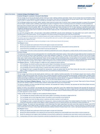 Name of the Scheme   Investment Strategy & Risk Mitigation Factors
                     Investment Strategy for investments in Overseas & Indian Markets
                     The fund manager may not have any bias towards particular market cap or style in selecting investment opportunities. However, the fund manager does have the flexibility to follow
                     a focused approach on the investments by limiting his exposure to a few countries in Asia Pacific and Emerging Markets and may also choose to invest in Indian equities and equity
                     related securities of companies that are engaged in commodity and commodities related sectors/sub sectors/industries.
                     The Fund Manager analyses macro economic, political, regulatory, industry trends and business cycles. He will then invest in companies doing bottom up analysis of the companies’
                     financial strength, competitive position, profitability, growth prospects and quality of management in terms of corporate governance and commitment to minority shareholders etc.
                     Mirae Asset Global Investments (India) Private Limited (‘MAGIM AMC’) has tied up with Mirae Asset Global Investments (HK) Limited (MAGI – HK) for seeking portfolio advice on
                     the international portion of the fund’s portfolio. (MAGI - HK) is licensed by the Securities and Futures Commission (the “SFC”) for type 4 (advising on securities) and type 9 (asset
                     management) regulated activities under the Securities and Futures Ordinance (the “SFO’). MAGI – HK has been acting as a sub-manager for Mirae Asset Global Investments Company
                     Limited, Korea for managing certain funds for investments into India and other markets since 2003. The fees related to these services would be borne by MAGIM AMC and would not
                     be charged to the scheme.
                     As a part of this arrangement, MAGI – HK would create a model portfolio for MAGIM AMC using their internal methodologies. This model portfolio may be used for creation of the
                     international portion of the scheme portfolio. The fund management of the Scheme (including the international portion) shall rest with MAGIM AMC.
                     The Fund Managers will continuously monitor all investment decisions and its impact on performance of the scheme and carry out suitable adjustments at periodic intervals.
                     The Scheme may invest in equity derivatives instruments to the extent permitted under and in accordance with the applicable Regulations, for the purposes of portfolio hedging and
                     portfolio balancing to optimize the returns.
                     Hedging does not mean maximization of returns but only attempts to reduce risk that may be inherent in the investment.
                     Risk Mitigation Factors:-
                     a)    Monitoring risk adjusted returns performance of the fund with respect to its peers and its benchmark.
                     b)    Monitoring the sectoral diversification of the fund to ensure that the fund is well diversified across various sectors to avoid any sectoral risk.
                     c)    Ensure that the fund is diversified across various stocks to avoid any stock specific risk.
                     d)    Tracking analysis of the fund on various risk parameters undertaken by independent fund research / rating agencies or analysts and take corrective measures if needed.
MAEBF                Investment Strategy
                     The scheme aims to generate income and capital appreciation from a diversified portfolio predominantly investing in Indian equities and equity related securities of companies which
                     are not part of the top 100 stocks by market capitalization and have market capitalization of atleast Rs. 100 Crores at the time of investment. From time to time, the fund manager
                     may also seek participation in other Indian equity and equity related securities to achieve optimal Portfolio construction. The fund manager may not have any bias towards particular
                     theme, sector or style in picking investment opportunities. However, the fund manager does have the flexibility to follow a focused approach on the investments. The fund manager
                     broadly analyses the macro economy, industry trends and business cycles. He will invest in companies that benefit from macroeconomic, industry and sectoral trends (Top down Theme
                     Overlay) after doing bottom up analysis and due diligence, quality of management in terms of corporate governance and commitment to minority shareholders etc.
                     Risk Mitigation Measures : The AMC will endeavor to mitigate such risks by adopting the following measures:
                     a. The Fund Manager may diversify its portfolio across various sectors instead of concentrating on few sectors to avoid sectoral risk.
                     b. The Fund Manager may try to have a large base of stocks in the portfolio to avoid concentration risk and liquidity risk.
                     c.    The Fund Managers will monitor the trading volumes in a particular stock before investment to avoid liquidity risk.
                     d. Fund Managers will invest in companies that benefit from macroeconomic, industry and sectoral trends (Top down Theme Overlay) after doing bottom up analysis and due
                           diligence, quality of management in terms of corporate governance and commitment to minority shareholders etc.
MAICCF               Investment Strategy
                     The fund manager may not have any bias towards particular market cap or style in selecting investment opportunities. The Fund Manager analyses macro economic, political,
                     regulatory, industry trends and business cycles. He will then invest in companies doing bottom up analysis of the companies‟ financial strength, competitive position, profitability, growth
                     prospects and quality of management in terms of corporate governance and commitment to minority shareholders etc. The Fund Managers will continuously monitor all investment
                     decisions and its impact on performance of the scheme and carry out suitable adjustments at periodic intervals. For managing the Chinese Equities, the AMC may avail the advisory
                     services from Mirae Asset Global Investments (HK) Limited (MAGI – HK) or any other advisor appointed from time to time.
                     Risk Profile of the Scheme & Mitigation Measures : Mutual Fund Units involve investment risks including the possible loss of principal. Please read the Scheme Information
                     Document (SID) carefully for details on risk factors before investment. Scheme specific Risk Factors are summarized below:
                     The Scheme is subjected to risk factors associated with Equity Investments, risks associated with investing in Derivatives, risks associated with Debt & Money Market Instruments,
                     Securitized Debt, and Unlisted Securities.
                     Besides, the scheme is also subjected to risk associated with Foreign Securities, Liquidity Risk, Currency Risk, Settlement Risk & Regulatory Risk associated with Securities and
                     Risk Factors associated with Securities Lending and Short Selling as detailed in the SID. The Fund Manager may choose to mitigate the risks in the scheme through diversifying the
                     portfolio by increasing the number of sectors and stocks. The Fund Managers will continuously monitor all investment decisions and its impact on performance of the scheme and carry
                     out suitable adjustments at periodic intervals.
                     However, the AMC will endeavor to mitigate such risks by adopting the following measures:
                     a.    The Fund Manager may diversify its portfolio across various sectors instead of concentrating on few sectors to mitigate sectoral risk.
                     b.    The Fund Manager may try to have a large base of stocks in the portfolio to avoid concentration risk and liquidity risk.
                     c.    The Fund Managers may monitor the trading volumes in a particular stock before investment to avoid liquidity risk.
                     d.    Fund Managers will invest in companies that benefit from macroeconomic, industry and sectoral trends related to the investment objective of the scheme, (Top down Theme
                           Overlay) after doing bottom up analysis and due diligence, quality of management in terms of corporate governance and commitment to minority shareholders etc.
MACAF                Investment Strategy:- The scheme will invest predominantly in units of Mirae Asset China Sector Leader Equity Fund and/or units of other mutual fund schemes, units of ETFs
                     investing in equities and equity related securities of companies domiciled in or exercising a large portion of their economic activity in China and Hong Kong. The Scheme may also
                     invest a certain portion of its corpus in money market/ debt securities and/or debt/liquid schemes of Domestic Mutual Funds, in order to meet liquidity requirements from time to time.
                     Risk Mitigation Factors:-
                     a)    Monitoring risk adjusted returns performance of the fund with respect to its peers and its benchmark.
                     b)    Monitoring the sectoral diversification of the underlying fund and ensure that the underlying fund is well diversified across various sectors to avoid any sectoral risk;
                     c)    Monitor the underlying fund with respect to stock diversification and ensure that the underlying fund is diversified across various stocks to avoid any stock specific risk.
                     d)    Tracking analysis of the fund on various risk parameters undertaken by independent fund research / rating agencies or analysts and take corrective measures if needed.




                                                                                                   14
 