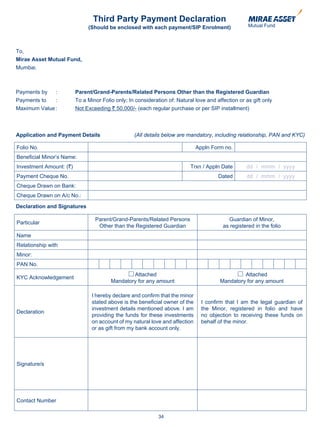Third Party Payment Declaration
                              (Should be enclosed with each payment/SIP Enrolment)



To,
Mirae Asset Mutual Fund,
Mumbai.



Payments by     :        Parent/Grand-Parents/Related Persons Other than the Registered Guardian
Payments to   :          To a Minor Folio only; In consideration of: Natural love and affection or as gift only
Maximum Value :          Not Exceeding ` 50,000/- (each regular purchase or per SIP installment)



Application and Payment Details                   (All details below are mandatory, including relationship, PAN and KYC)

Folio No.                                                                     Appln Form no.
Beneficial Minor’s Name:
Investment Amount: (`)                                                     Trxn / Appln Date       dd / mmm / yyyy
Payment Cheque No.                                                                     Dated       dd / mmm / yyyy
Cheque Drawn on Bank:
Cheque Drawn on A/c No.:

Declaration and Signatures

                                 Parent/Grand-Parents/Related Persons                      Guardian of Minor,
Particular
                                  Other than the Registered Guardian                     as registered in the folio
Name
Relationship with
Minor:
PAN No.
                                                Attached                                         Attached
KYC Acknowledgement
                                        Mandatory for any amount                        Mandatory for any amount

                                I hereby declare and confirm that the minor
                                stated above is the beneficial owner of the     I confirm that I am the legal guardian of
                                investment details mentioned above. I am        the Minor, registered in folio and have
Declaration
                                providing the funds for these investments       no objection to receiving these funds on
                                on account of my natural love and affection     behalf of the minor.
                                or as gift from my bank account only.




Signature/s




Contact Number

                                                             34
 