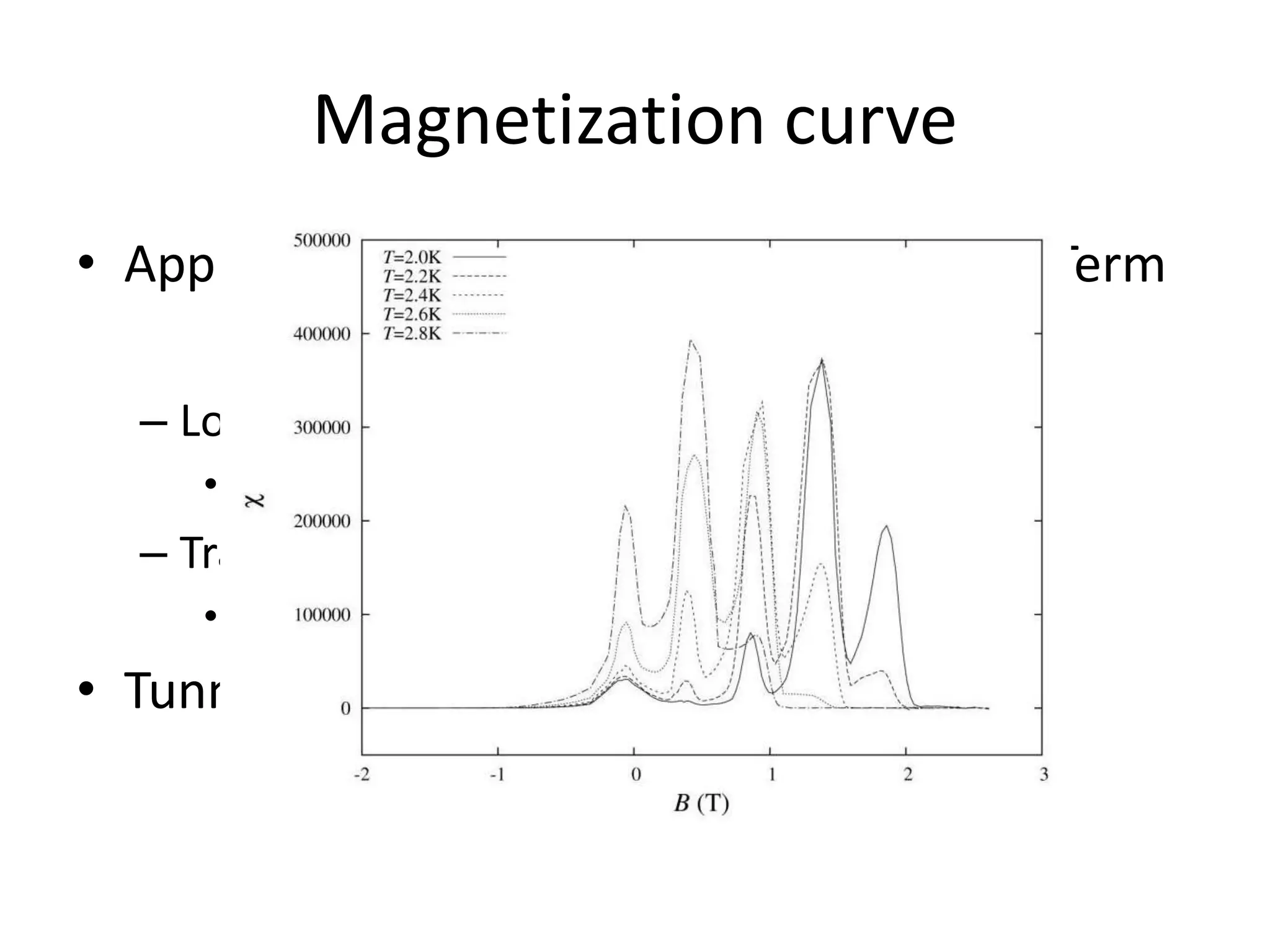 Magnetization curve
• Application of an external field: Zeeman Term
                          H S
  – Longitudinal field (H || easy axis)
     • Moves levels
  – Transverse field (H     easy axis)
     • Allows tunneling
• Tunneling is possible at resonant fields
 