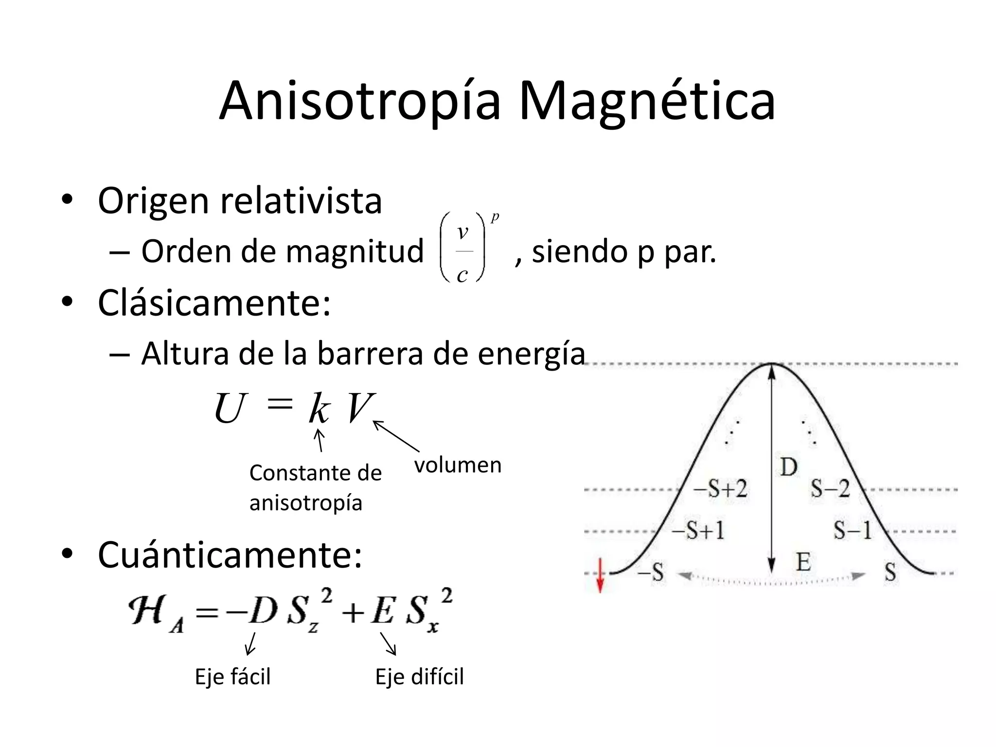 Anisotropía Magnética
• Origen relativista                   p
                                   v
   – Orden de magnitud                     , siendo p par.
                                   c
• Clásicamente:
   – Altura de la barrera de energía:
          U         kV
              Constante de   volumen
              anisotropía

• Cuánticamente:

        Eje fácil        Eje difícil
 