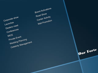 tions
                                            dA ctiva
                                       Bran
                                              Show
                                        Road
              how                                    ivity
       at e s                                 er Act
Corp
     or                                  Cant           t i on
      c hes                                    P romo
 Laun                                     Mall
               eet
       ers m
  Deal
               ces
         eren
   Conf
    MICE
                    ent
            t e Ev
      Priva                 ning
                  g  P l an
          eddin                  ent
       W                  an agem
               b rity M
        Cele
                                                                          e
                                                                     Fort
                                                                 Our
 