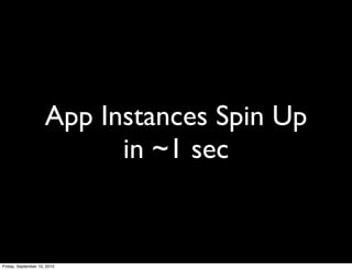 App Instances Spin Up
                           in ~1 sec


Friday, September 10, 2010
 