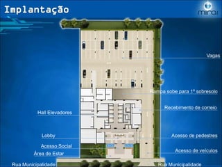 Rampa sobe para 1º sobresolo
Acesso Social
Lobby
Acesso de veículos
Acesso de pedestres
Vagas
Recebimento de correio
Rua Municipalidade
Área de Estar
Hall Elevadores
Rua Municipalidade
 