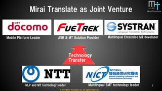 © 2015 Mirai Translate, Inc. All rights reserved.
Mirai  Translate  as  Joint  Venture
7
Mobile  Platform  Leader ASR  &  ...