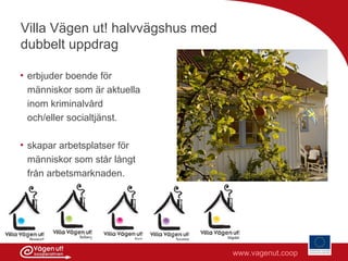 Villa V?gen ut! halvv?gshus med
dubbelt uppdrag

? erbjuder boende f?r
  m?nniskor som ?r aktuella
  inom kriminalv?rd
  och/eller socialtj?nst.

? skapar arbetsplatser f?r
  m?nniskor som st?r l?ngt
  fr?n arbetsmarknaden.




                                  www.vagenut.coop
 