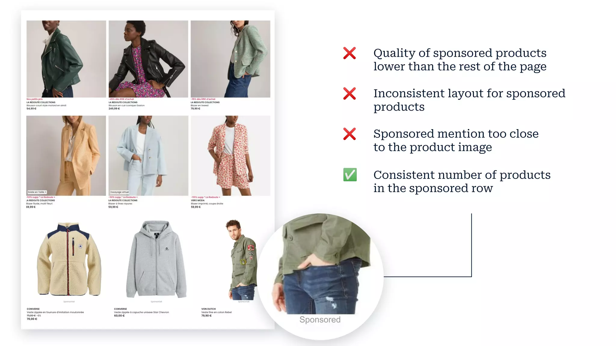 ❌ Quality of sponsored products
lower than the rest of the page
❌ Inconsistent layout for sponsored
products
❌ Sponsored mention too close
to the product image
✅ Consistent number of products
in the sponsored row
Sponsored
 