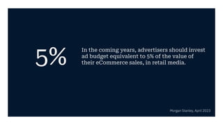 5%
In the coming years, advertisers should invest
ad budget equivalent to 5% of the value of
their eCommerce sales, in retail media.
Morgan Stanley, April 2023
 