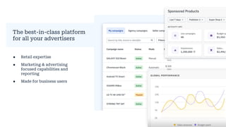 The best-in-class platform
for all your advertisers
● Retail expertise
● Marketing & advertising
focused capabilities and
reporting
● Made for business users
 