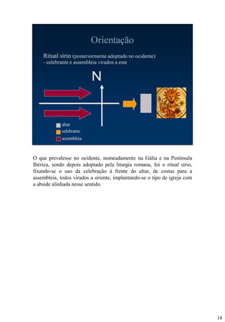 O que prevalesse no ocidente, nomeadamente na Gália e na Península
Ibérica, sendo depois adoptado pela liturgia romana, foi o ritual sírio,
fixando-se o uso da celebração à frente do altar, de costas para a
assembleia, todos virados a oriente, implantando-se o tipo de igreja com
a abside alinhada nesse sentido.

14

 