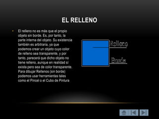EL RELLENO
•   El relleno no es más que el propio
    objeto sin borde. Es, por tanto, la
    parte interna del objeto. Su existencia
    también es arbitraria, ya que
    podemos crear un objeto cuyo color
    de relleno sea transparente, y por
    tanto, parecerá que dicho objeto no
    tiene relleno, aunque en realidad sí
    exista pero sea de color transparente.
    Para dibujar Rellenos (sin borde)
    podemos usar herramientas tales
    como el Pincel o el Cubo de Pintura
 