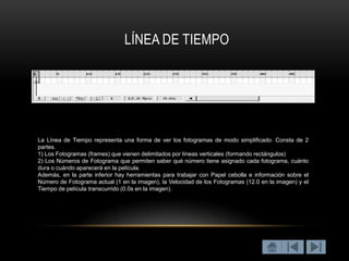 LÍNEA DE TIEMPO




La Línea de Tiempo representa una forma de ver los fotogramas de modo simplificado. Consta de 2
partes.
1) Los Fotogramas (frames) que vienen delimitados por líneas verticales (formando rectángulos)
2) Los Números de Fotograma que permiten saber qué número tiene asignado cada fotograma, cuánto
dura o cuándo aparecerá en la película.
Además, en la parte inferior hay herramientas para trabajar con Papel cebolla e información sobre el
Número de Fotograma actual (1 en la imagen), la Velocidad de los Fotogramas (12.0 en la imagen) y el
Tiempo de película transcurrido (0.0s en la imagen).
 