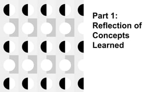 Part 1:
Reflection of
Concepts
Learned
 
