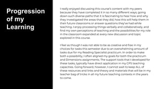 Progression
of my
Learning
I really enjoyed discussing this course’s content with my peers
because they have completed it in so many different ways, going
down such diverse paths that it is fascinating to hear how and why
they investigated the areas that they did, how this will help them in
their future classrooms or answer questions they’ve had while
teaching. I enjoy processing things verbally and collaboratively, and
find my own perceptions of teaching and the possibilities for my role
in the classroom expanded at every new discussion and topic
explored in this course.
I feel as though I was not able to be as creative and free in my
choices for tasks this semester due to an overwhelming amount of
tasks due for my Reading Specialist practicum. In order to make
both a possibility, I often aligned my goals for both the practicum
and Dimensions assignments. The support tools that I developed for
these tasks, typically have direct application in my CPS teaching
capacities. Going forward, however, I cannot wait to keep ALL of
these resources and links and theory and materials that will be in my
teacher bag of tricks in all my future teaching contexts in the years
to come.
 