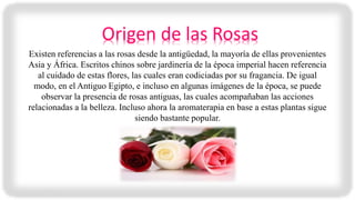 Existen referencias a las rosas desde la antigüedad, la mayoría de ellas provenientes
Asia y África. Escritos chinos sobre jardinería de la época imperial hacen referencia
al cuidado de estas flores, las cuales eran codiciadas por su fragancia. De igual
modo, en el Antiguo Egipto, e incluso en algunas imágenes de la época, se puede
observar la presencia de rosas antiguas, las cuales acompañaban las acciones
relacionadas a la belleza. Incluso ahora la aromaterapia en base a estas plantas sigue
siendo bastante popular.
Origen de las Rosas
 
