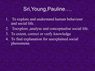 Sri,Young,Pauline…. 
1. To explore and understand human behaviour 
and social life. 
2. Toexplore ,analyse and conceptualise social life. 
3. To extent, correct or verfy knowledge 
4. To find explanation for unexplained social 
phenomena 
 