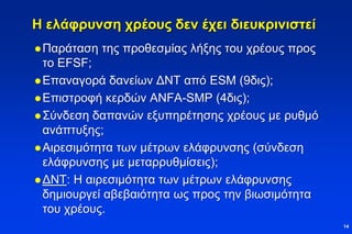 Η ελάφρυνση χρέους δεν έχει διευκρινιστεί
Παράταση της προθεσμίας λήξης του χρέους προς
το EFSF;
Επαναγορά δανείων ΔΝΤ από ESM (9δις);
Επιστροφή κερδών ANFA-SMP (4δις);
Σύνδεση δαπανών εξυπηρέτησης χρέους με ρυθμό
ανάπτυξης;
Αιρεσιμότητα των μέτρων ελάφρυνσης (σύνδεση
ελάφρυνσης με μεταρρυθμίσεις);
ΔΝΤ: Η αιρεσιμότητα των μέτρων ελάφρυνσης
δημιουργεί αβεβαιότητα ως προς την βιωσιμότητα
του χρέους.
14
 