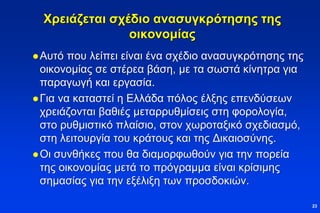 Χρειάζεται σχέδιο ανασυγκρότησης της
οικονομίας
Αυτό που λείπει είναι ένα σχέδιο ανασυγκρότησης της
οικονομίας σε στέρεα βάση, με τα σωστά κίνητρα για
παραγωγή και εργασία.
Για να καταστεί η Ελλάδα πόλος έλξης επενδύσεων
χρειάζονται βαθιές μεταρρυθμίσεις στη φορολογία,
στο ρυθμιστικό πλαίσιο, στον χωροταξικό σχεδιασμό,
στη λειτουργία του κράτους και της Δικαιοσύνης.
Οι συνθήκες που θα διαμορφωθούν για την πορεία
της οικονομίας μετά το πρόγραμμα είναι κρίσιμης
σημασίας για την εξέλιξη των προσδοκιών.
23
 