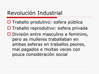 Revolución Industrial Traballo produtivo: esfera pública Traballo reprodutivo: esfera privada División entre masculino e feminino, pero as mulleres traballaban en ambas esferas en traballos peores, mal pagados e moitas veces con pouca consideración social 