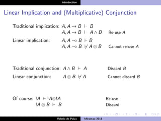 Introduction
Linear Implication and (Multiplicative) Conjunction
Traditional implication: A, A → B B
A, A → B A ∧ B Re-use A
Linear implication: A, A −◦ B B
A, A −◦ B A ⊗ B Cannot re-use A
Traditional conjunction: A ∧ B A Discard B
Linear conjunction: A ⊗ B A Cannot discard B
Of course: !A !A⊗!A Re-use
!A ⊗ B B Discard
Valeria de Paiva Mirantao 2018
 