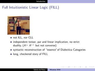Introduction
Full Intuitionistic Linear Logic (FILL)
not ILL, nor CLL
independent tensor, par and linear implication, no strict
duality, (A A⊥⊥ but not converse)
syntactic reconstruction of “essence”of Dialectica Categories
long, checkered story of FILL
Valeria de Paiva Mirantao 2018
 