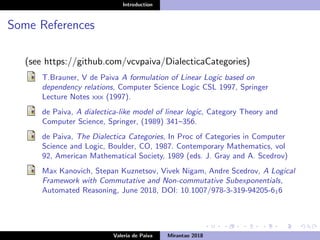Introduction
Some References
(see https://github.com/vcvpaiva/DialecticaCategories)
T.Brauner, V de Paiva A formulation of Linear Logic based on
dependency relations, Computer Science Logic CSL 1997, Springer
Lecture Notes xxx (1997).
de Paiva, A dialectica-like model of linear logic, Category Theory and
Computer Science, Springer, (1989) 341–356.
de Paiva, The Dialectica Categories, In Proc of Categories in Computer
Science and Logic, Boulder, CO, 1987. Contemporary Mathematics, vol
92, American Mathematical Society, 1989 (eds. J. Gray and A. Scedrov)
Max Kanovich, Stepan Kuznetsov, Vivek Nigam, Andre Scedrov, A Logical
Framework with Commutative and Non-commutative Subexponentials,
Automated Reasoning, June 2018, DOI: 10.1007/978-3-319-94205-616
Valeria de Paiva Mirantao 2018
 