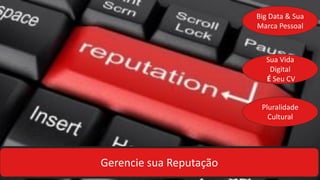 Gerencie sua Reputação
Big Data & Sua
Marca Pessoal
Sua Vida
Digital
É Seu CV
Pluralidade
Cultural
 