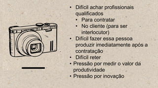 • Difícil achar profissionais
qualificados
• Para contratar
• No cliente (para ser
interlocutor)
• Difícil fazer essa pessoa
produzir imediatamente após a
contratação
• Difícil reter
• Pressão por medir o valor da
produtividade
• Pressão por inovação
 