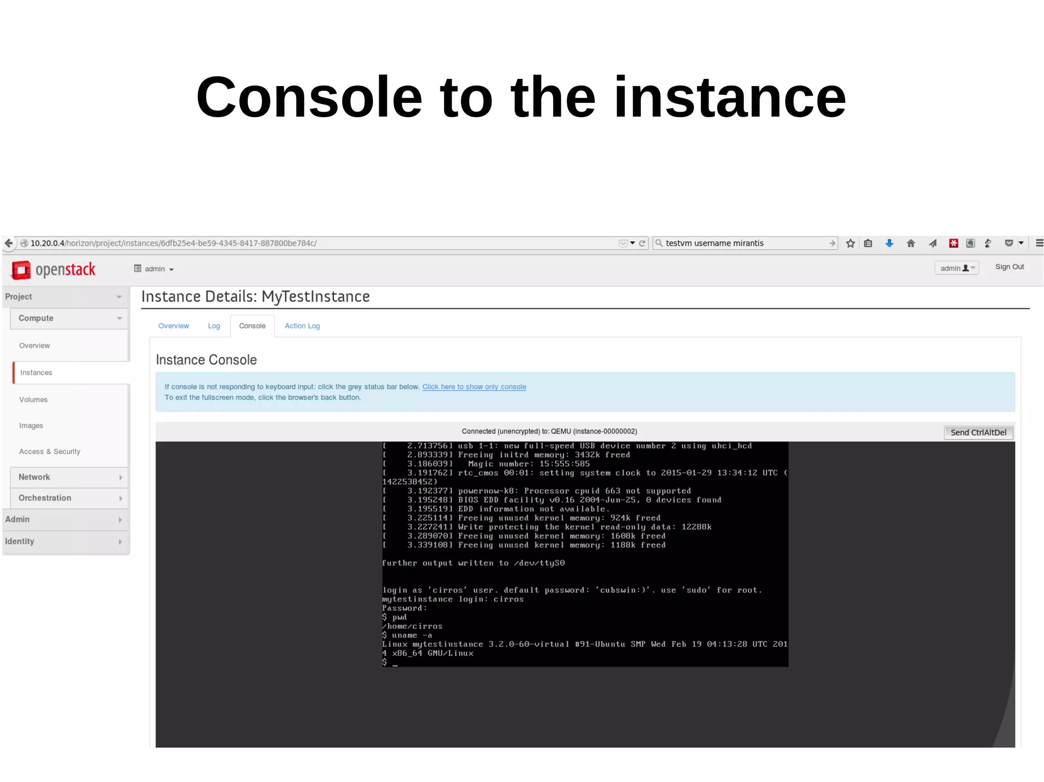 Console to the instance