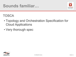 © MIRANTIS 2014 PAGE ‹#›
Sounds familiar…
TOSCA
• Topology and Orchestration Specification for
Cloud Applications
• Very thorough spec
 
