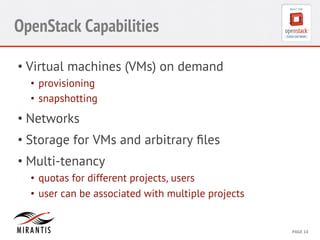 CONFIDENTIAL 
MIRANTIS 
©© 
M 
MIRAIRNATNIST 
I2S0 
21031 
2 
PAGE 
14 
OpenStack Capabilities 
• Virtual machines (VMs) on demand 
• provisioning 
• snapshotting 
• Networks 
• Storage for VMs and arbitrary files 
• Multi-tenancy 
• quotas for different projects, users 
• user can be associated with multiple projects 
 