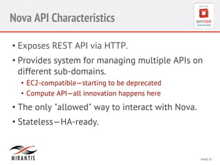 CONFIDENTIAL 
MIRANTIS 
©© 
M 
MIRAIRNATNIST 
I2S0 
21031 
2 
PAGE 
31 
Nova API Characteristics 
• Exposes REST API via HTTP. 
• Provides system for managing multiple APIs on 
different sub-domains. 
• EC2-compatible—starting to be deprecated 
• Compute API—all innovation happens here 
• The only "allowed" way to interact with Nova. 
• Stateless—HA-ready. 
 