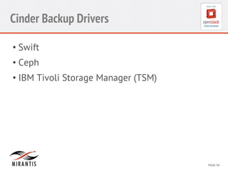 CONFIDENTIAL 
MIRANTIS 
©© 
M 
MIRAIRNATNIST 
I2S0 
21031 
2 
PAGE 
54 
Cinder Backup Drivers 
• Swift 
• Ceph 
• IBM Tivoli Storage Manager (TSM) 
 