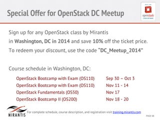 Special Offer for OpenStack DC Meetup 
Sign up for any OpenStack class by Mirantis 
in Washington, DC in 2014 and save 10% off the ticket price. 
To redeem your discount, use the code “DC_Meetup_2014” 
Course schedule in Washington, DC: 
OpenStack Bootcamp with Exam (OS110) Sep 30 – Oct 3 
OpenStack Bootcamp with Exam (OS110) Nov 11 - 14 
OpenStack Fundamentals (OS50) Nov 17 
OpenStack Bootcamp II (OS200) Nov 18 - 20 
For complete schedule, course description, and registration visit training.mirantis.com 
CONFIDENTIAL 
MIRANTIS 
©© 
M 
MIRAIRNATNIST 
I2S0 
21031 
2 
PAGE 
68 
 